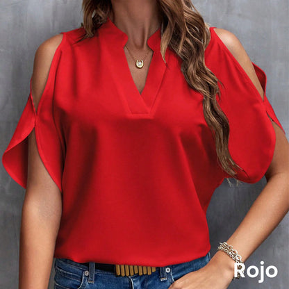 Camiseta elegante de color sólido con cuello V y hombros descubiertos para mujer