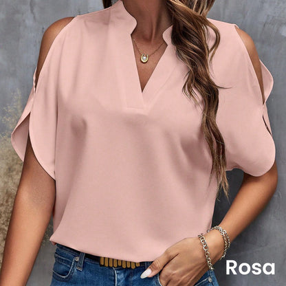 Camiseta elegante de color sólido con cuello V y hombros descubiertos para mujer