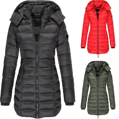 Chaqueta acolchada de mujer de longitud media para invierno, cálida, de color sólido con capucha