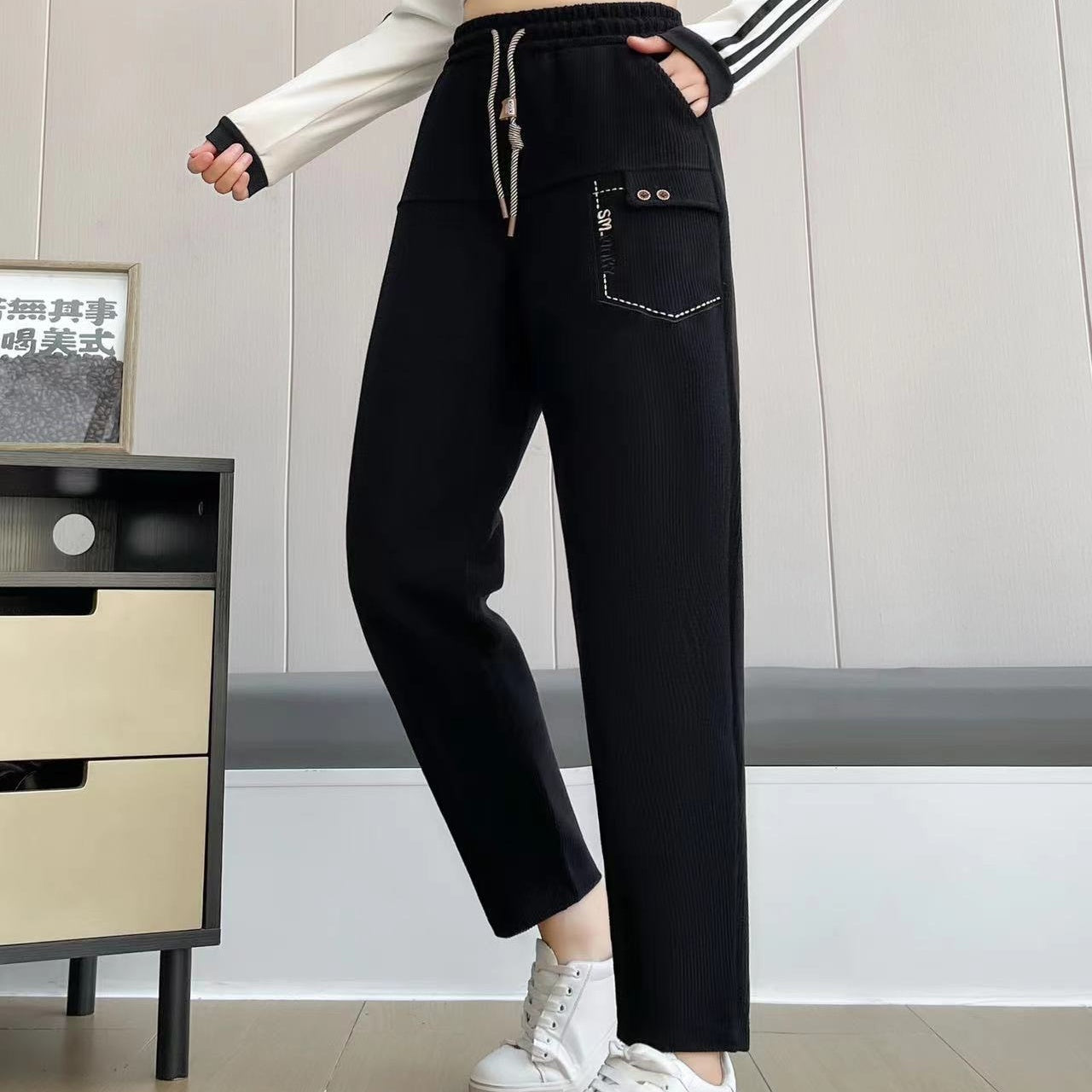 Pantalón Casual de Mujer de Pierna Recta con Cordones y Bolsillos