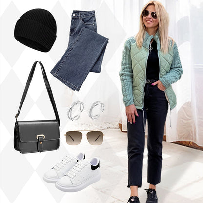 ✨Casaco acolchoado em malha com patchwork para mulher