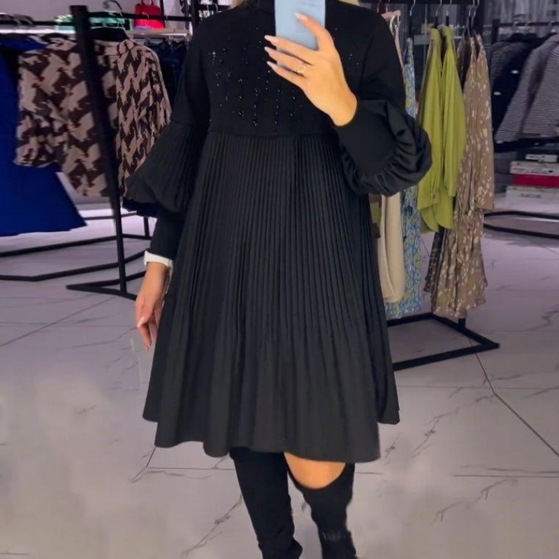 Vestido Plus Size con Mangas Farol y Cuello Alto para Mujer