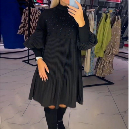 Vestido Plus Size con Mangas Farol y Cuello Alto para Mujer