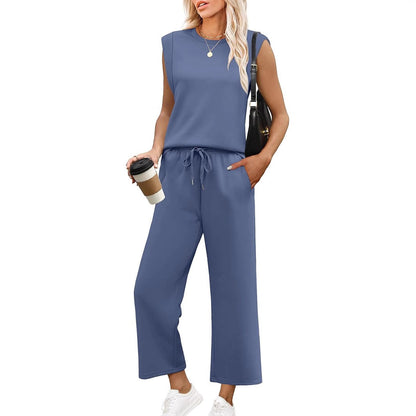 🌺 Novo conjunto de duas peças para mulher: top sem mangas e calças largas