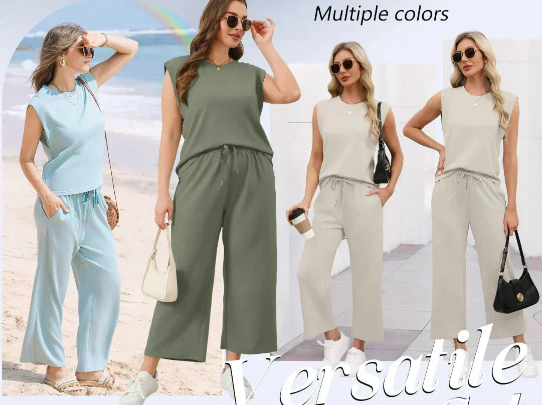 🌺 Novo conjunto de duas peças para mulher: top sem mangas e calças largas