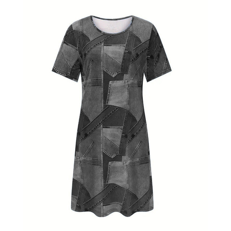 ✨👗Vestido mini casual de manga curta e gola redonda para mulher, com estampado em patchwork de ganga, corte largo e descontraído, respirável, ideal para o dia-a-dia 💕