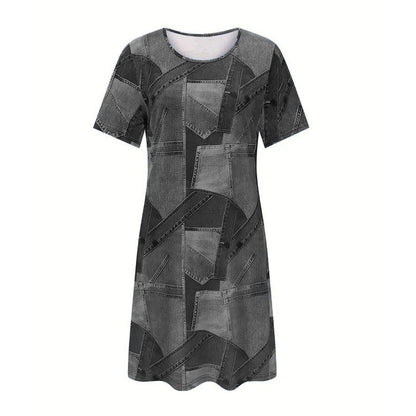 ✨👗Vestido mini casual de manga curta e gola redonda para mulher, com estampado em patchwork de ganga, corte largo e descontraído, respirável, ideal para o dia-a-dia 💕