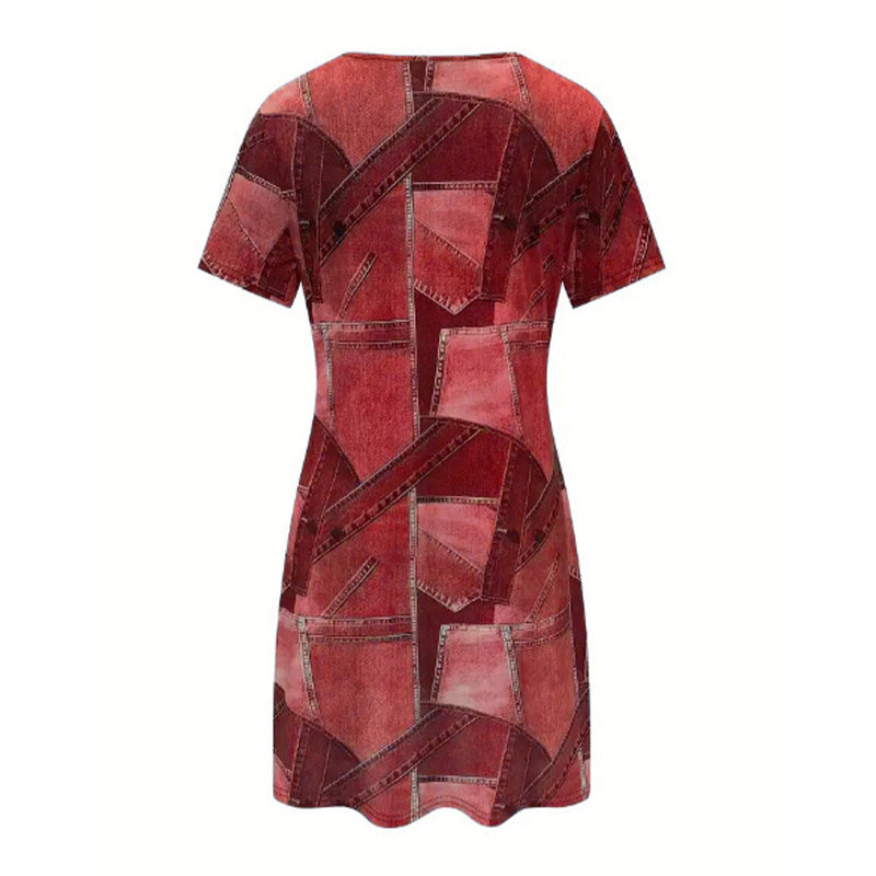 ✨👗Vestido mini casual de manga curta e gola redonda para mulher, com estampado em patchwork de ganga, corte largo e descontraído, respirável, ideal para o dia-a-dia 💕