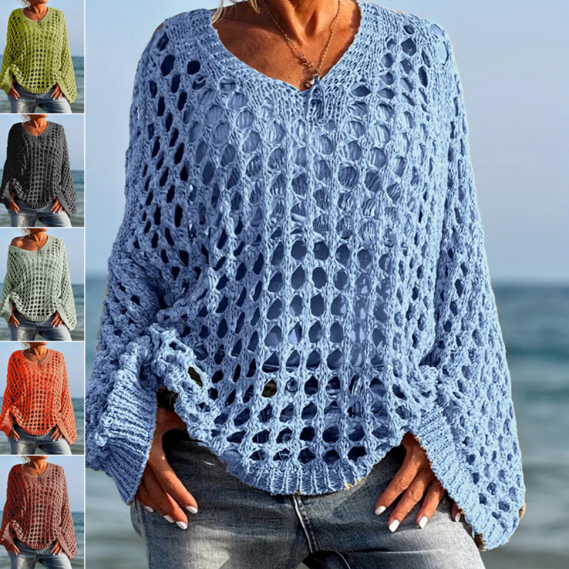 ✨👚Top feminino casual de malha em croché, de cor lisa