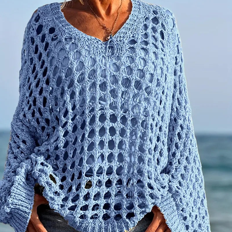 ✨👚Top feminino casual de malha em croché, de cor lisa