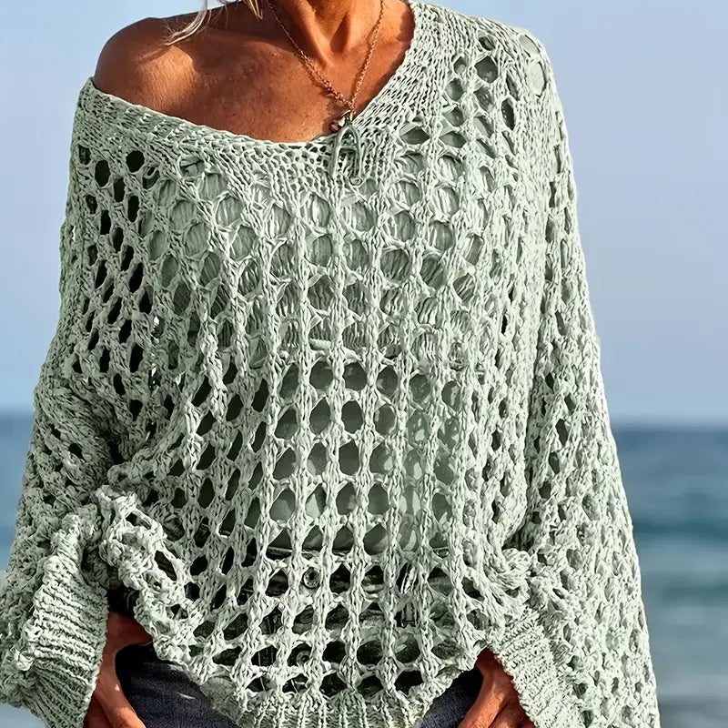 ✨👚Top feminino casual de malha em croché, de cor lisa