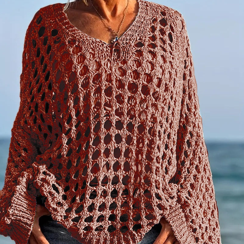 ✨👚Top feminino casual de malha em croché, de cor lisa