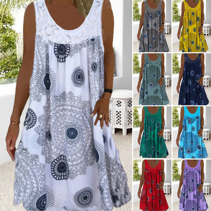 ✨👗Vestido de verão feminino sem mangas, com gola redonda e estampado