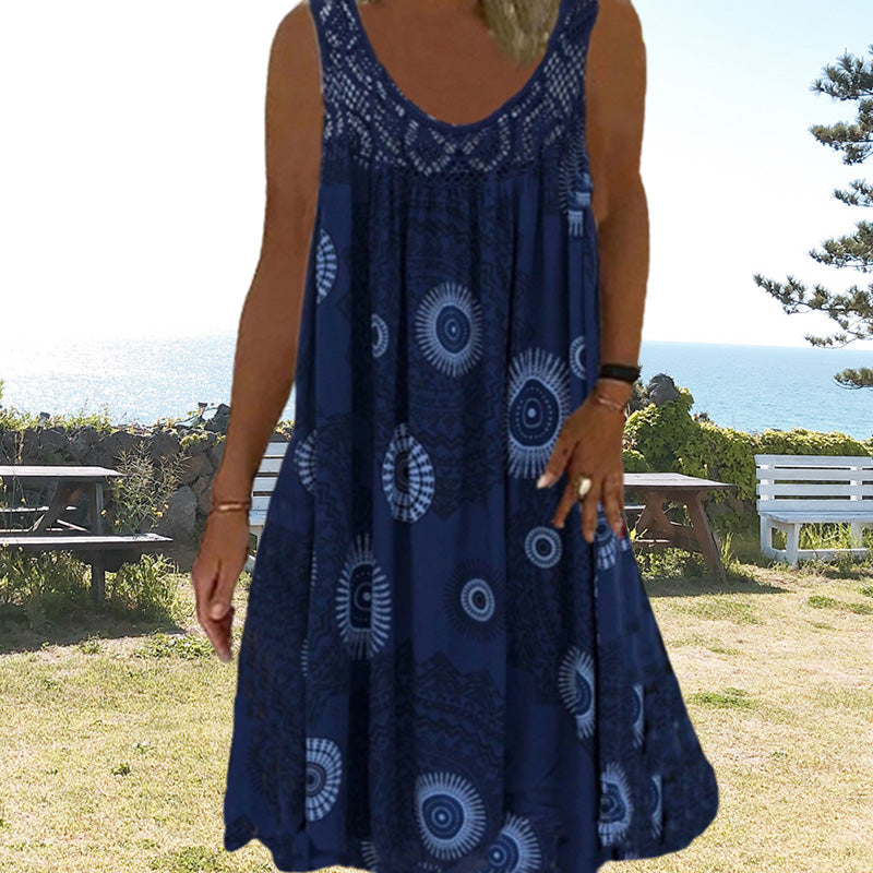 ✨👗Vestido de verão feminino sem mangas, com gola redonda e estampado