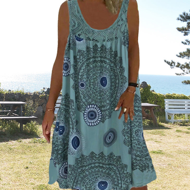 ✨👗Vestido de verão feminino sem mangas, com gola redonda e estampado
