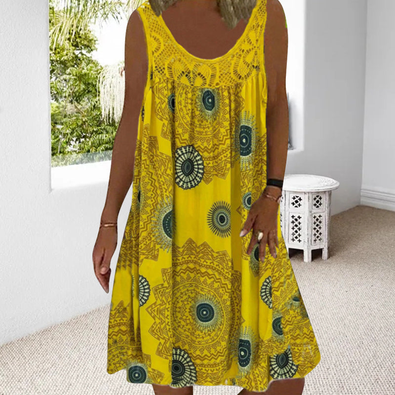✨👗Vestido de verão feminino sem mangas, com gola redonda e estampado