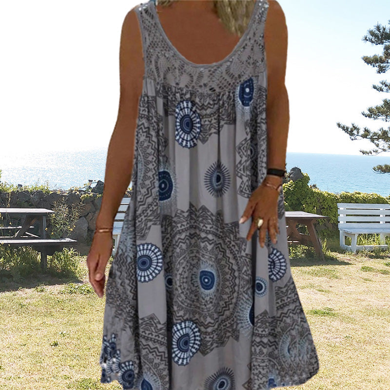 ✨👗Vestido de verão feminino sem mangas, com gola redonda e estampado