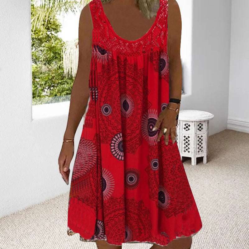 ✨👗Vestido de verão feminino sem mangas, com gola redonda e estampado