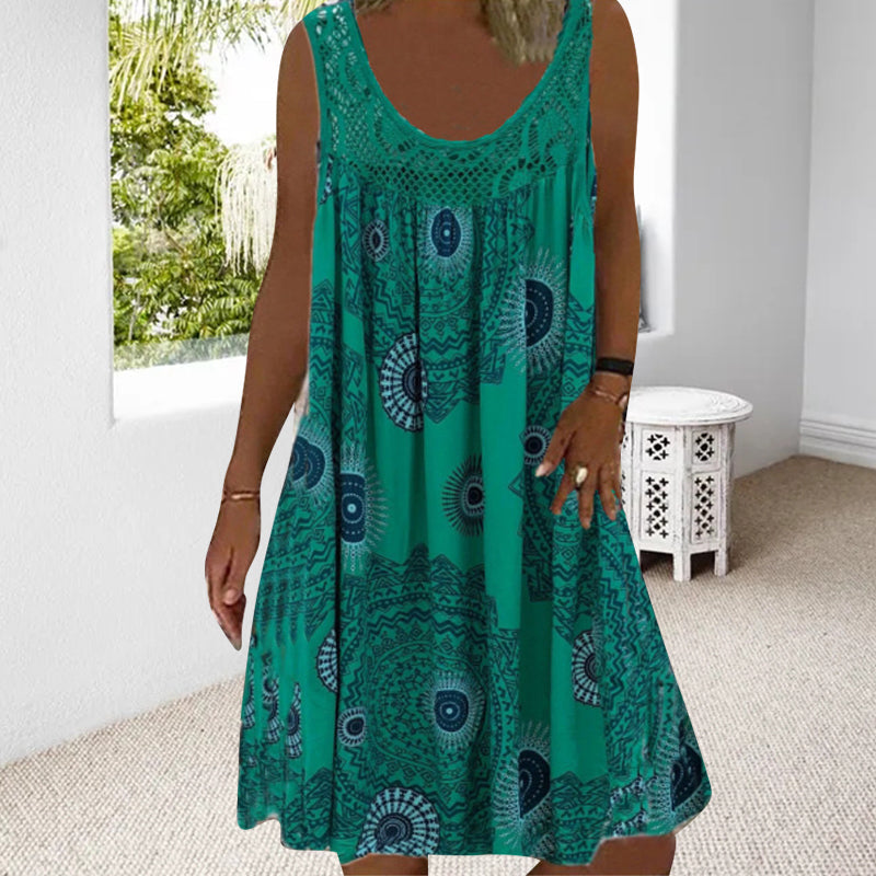 ✨👗Vestido de verão feminino sem mangas, com gola redonda e estampado