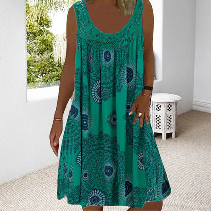 ✨👗Vestido de verão feminino sem mangas, com gola redonda e estampado
