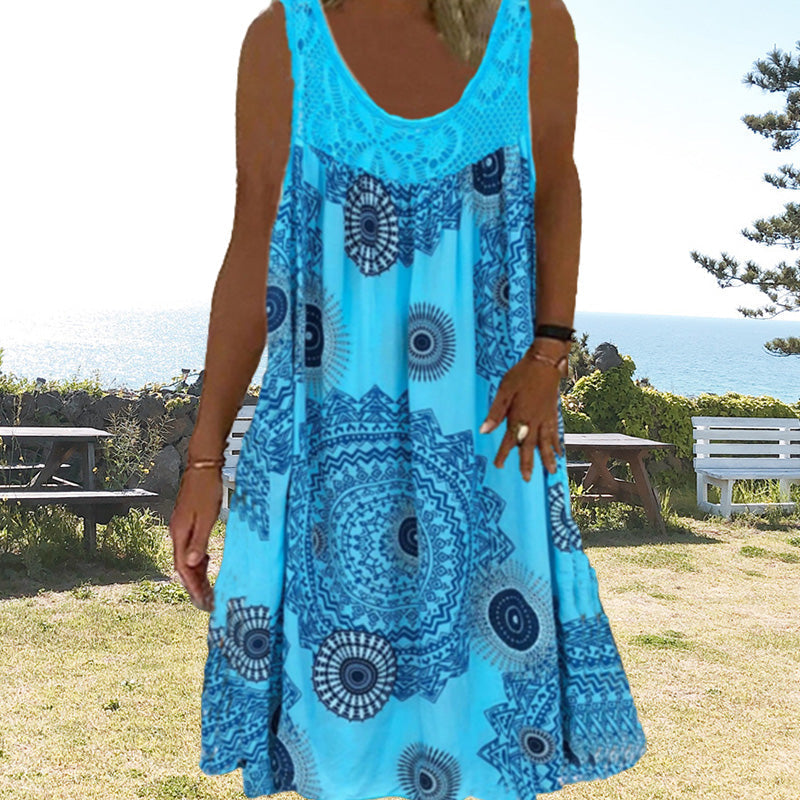 ✨👗Vestido de verão feminino sem mangas, com gola redonda e estampado