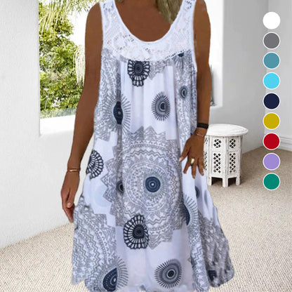 ✨👗Vestido de verão feminino sem mangas, com gola redonda e estampado