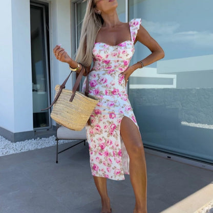 Women's Elegant Floral Print Side Slit Dress