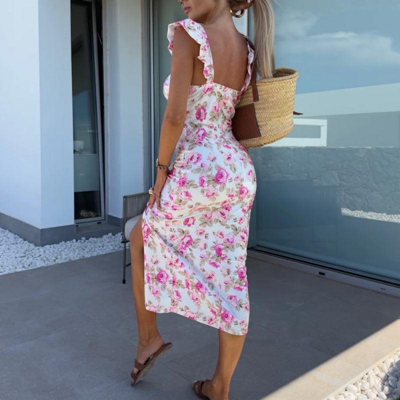 Women's Elegant Floral Print Side Slit Dress