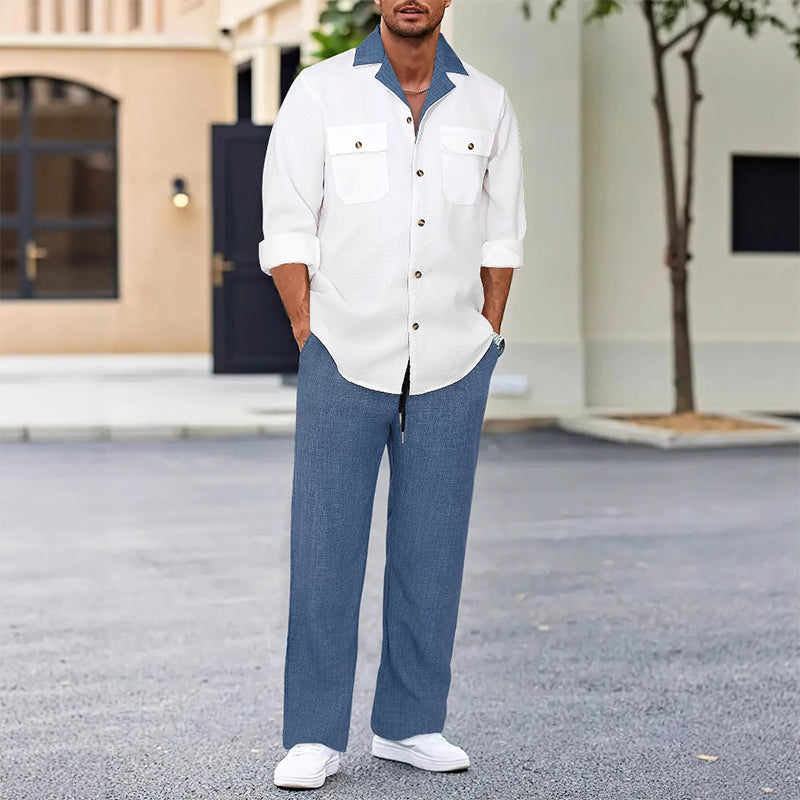 Męska koszula z długimi rękawami i klapami ＆ Spodnie 2-częściowy zestaw