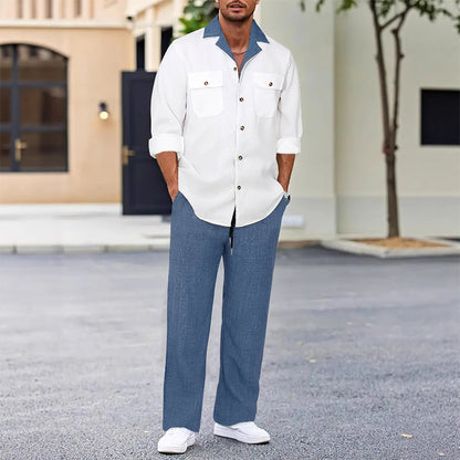 Męska koszula z długimi rękawami i klapami ＆ Spodnie 2-częściowy zestaw