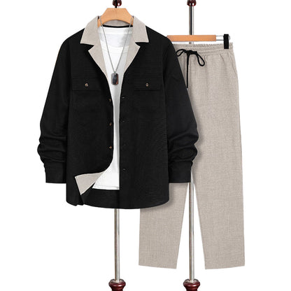 Męska koszula z długimi rękawami i klapami ＆ Spodnie 2-częściowy zestaw