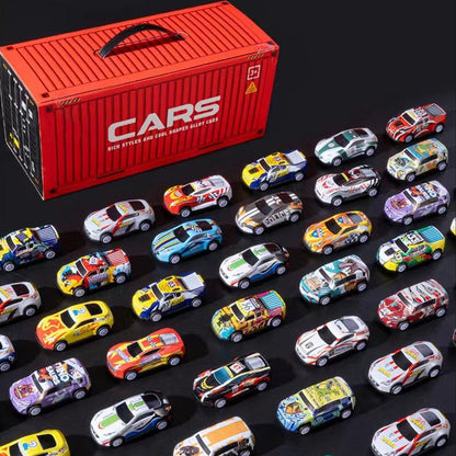 Conjunto com 48 miniaturas de carros de fricção e garagem integrada.