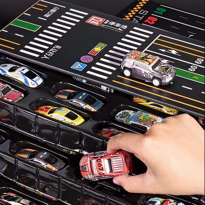 Conjunto com 48 miniaturas de carros de fricção e garagem integrada.