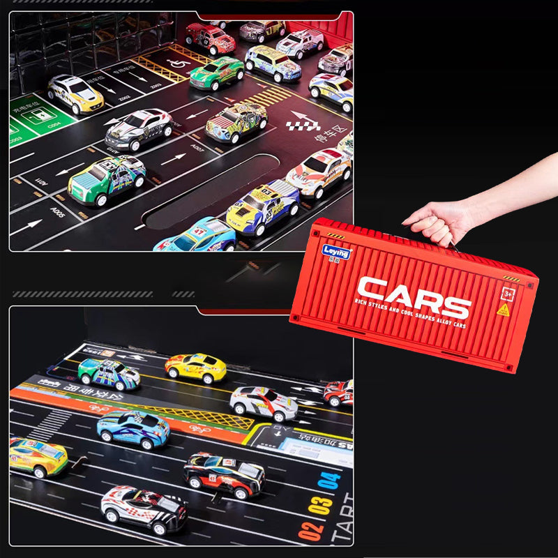 Conjunto com 48 miniaturas de carros de fricção e garagem integrada.