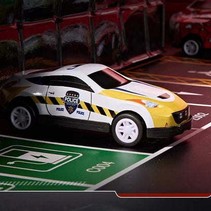 Conjunto com 48 miniaturas de carros de fricção e garagem integrada.