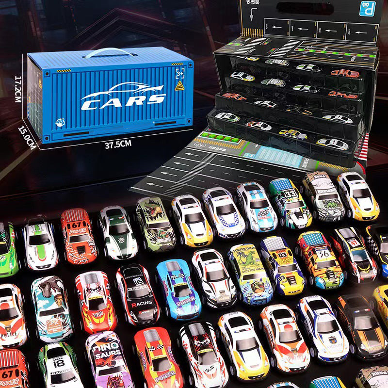 Conjunto com 48 miniaturas de carros de fricção e garagem integrada.