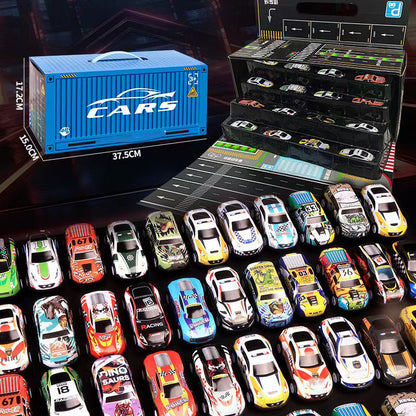 Conjunto com 48 miniaturas de carros de fricção e garagem integrada.