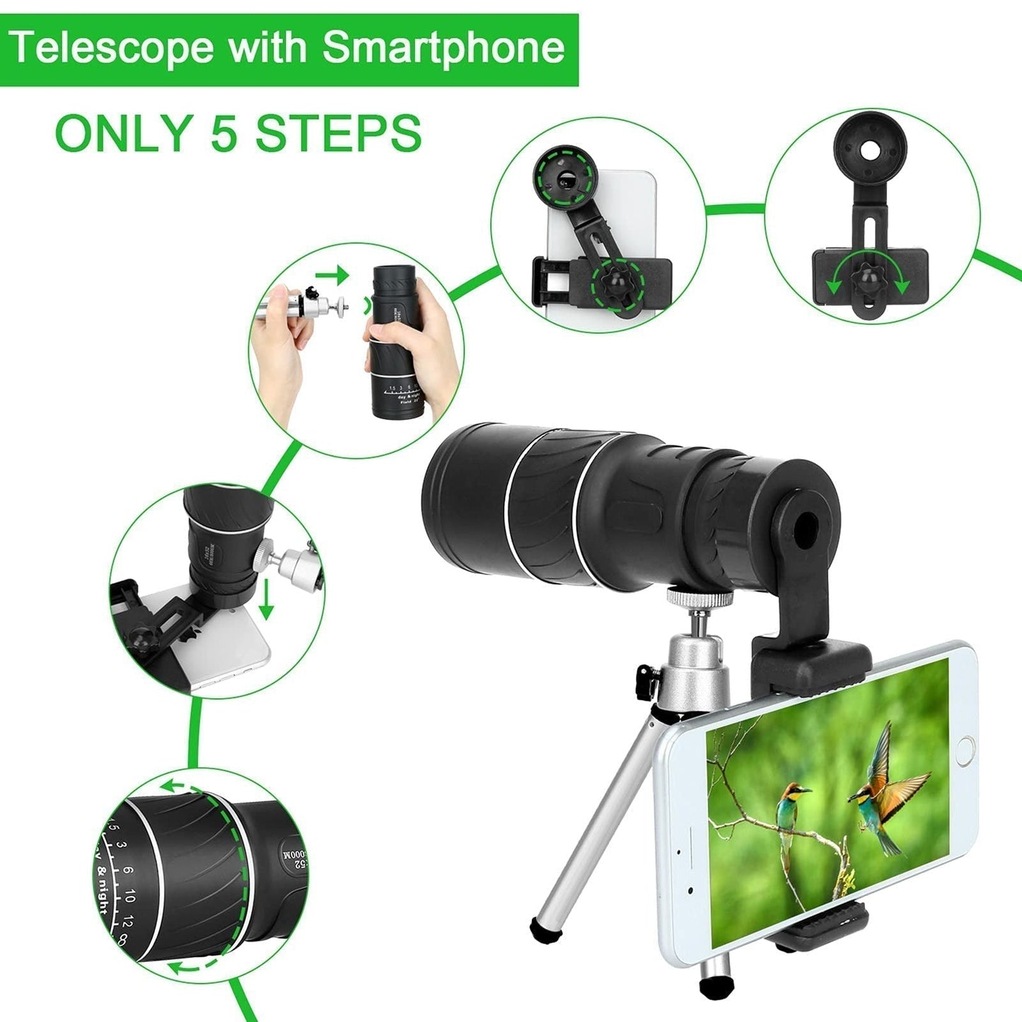 Telescópio monocular profissional de alta potência, alta definição e baixa luminosidade, 16X52