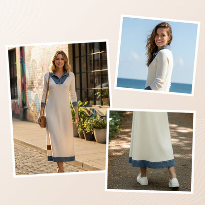 ✨👗Vestido midi de malha com patchwork de ganga para mulher