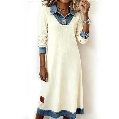✨👗Vestido midi de malha com patchwork de ganga para mulher