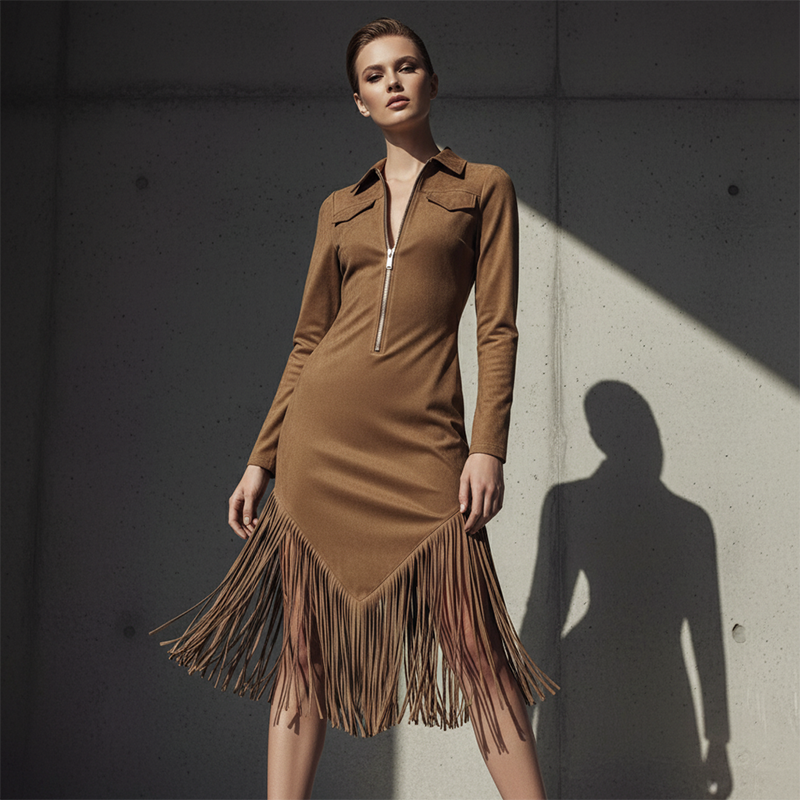 Women's Retro Zipper Midi Dress with Tassel