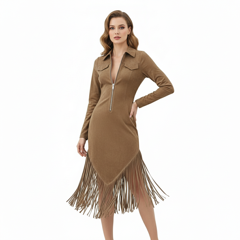 Women's Retro Zipper Midi Dress with Tassel