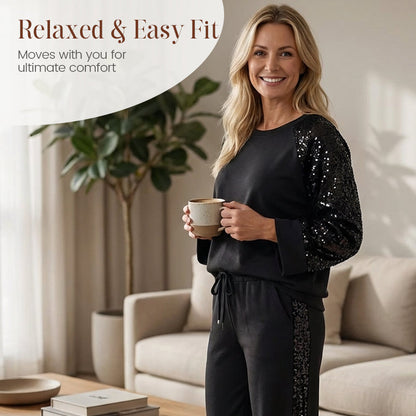 ✨👗Conjunto de camisola e calças com lantejoulas e detalhes em tecido para mulher