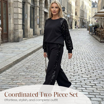✨👗Conjunto de camisola e calças com lantejoulas e detalhes em tecido para mulher