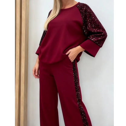 ✨👗Conjunto de camisola e calças com lantejoulas e detalhes em tecido para mulher