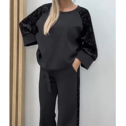 ✨👗Conjunto de camisola e calças com lantejoulas e detalhes em tecido para mulher