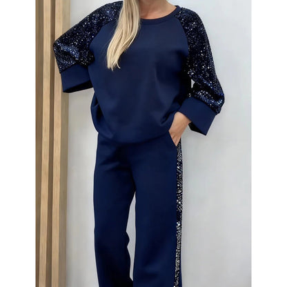 ✨👗Conjunto de camisola e calças com lantejoulas e detalhes em tecido para mulher