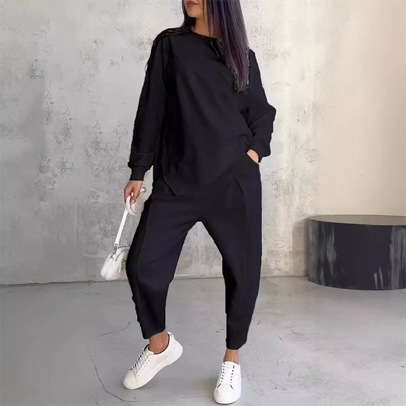 🌸✨Conjunto Feminino: Sweatshirt de Manga Longa com Barra Irregular e Calças