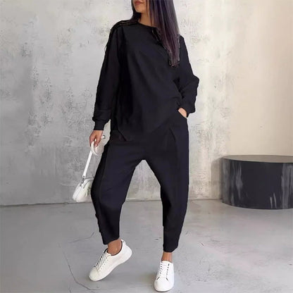 🌸✨Conjunto Feminino: Sweatshirt de Manga Longa com Barra Irregular e Calças