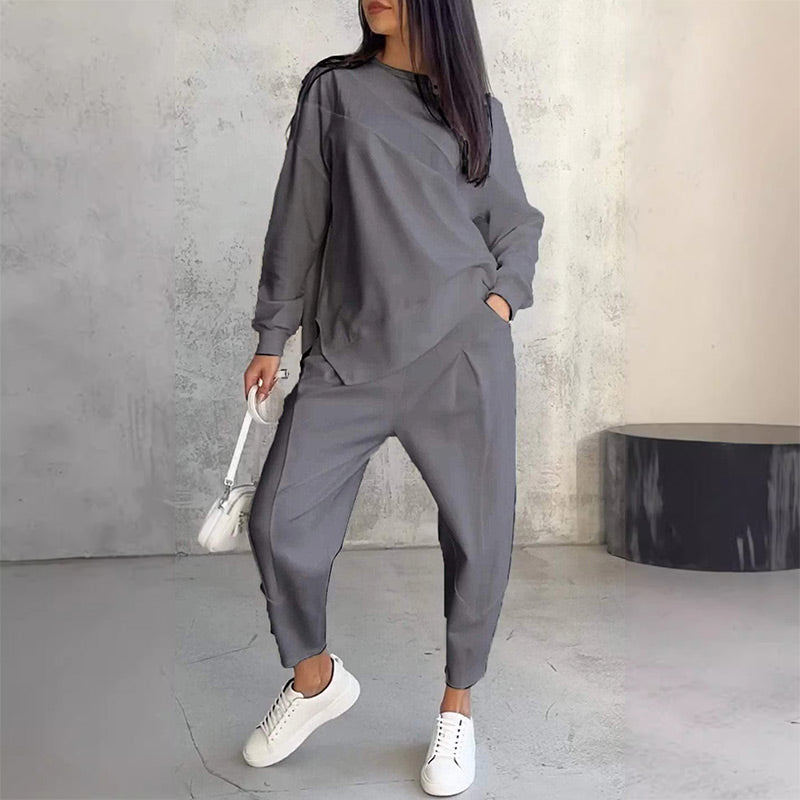 🌸✨Conjunto Feminino: Sweatshirt de Manga Longa com Barra Irregular e Calças